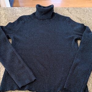 Rena Rowen Ribbed Black Silk Blend Turtleneck with Blue Metallic Thread